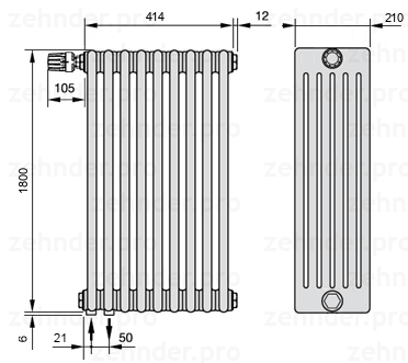 Схема (чертеж) Радиатор Zehnder Charleston 6180/9 №V001 Белый глянцевый RAL 9016